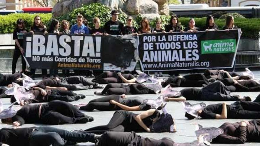 La organización internacional AnimaNaturalis ha realizado una performance en Plaza España en contra de la &quot;tortura y la crueldad que representa la tauromaquia&quot;.