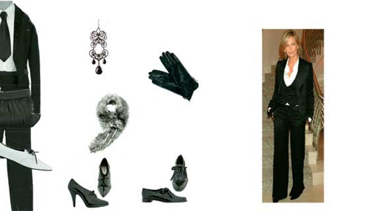 DandiComo MarleneDietrich en losaños 30, CharlizeTheron combinael tuxedo con lasboas de pluma