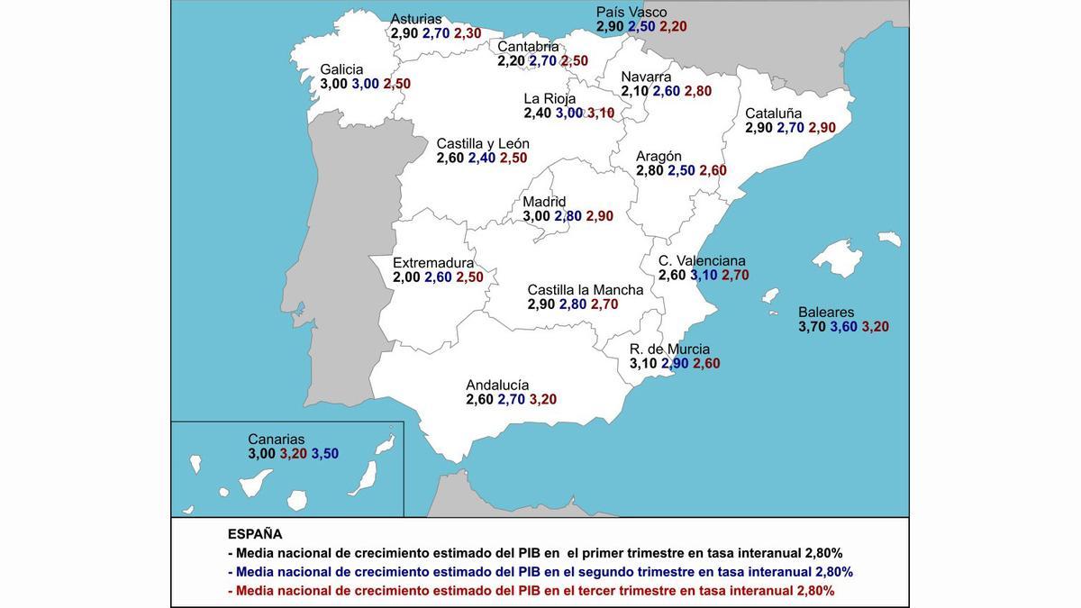 Mapa de la estimación del crecimiento del PIB por la AIReF en los tres primeros trimestres de 2025.