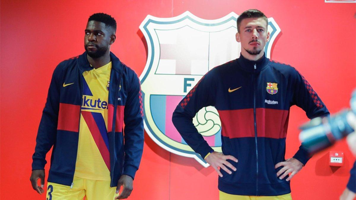 Samuel Umtiti y Clément Lenglet en el túnel de vestuarios de Ipurúa antes del Eibar-Barça (0-3) de la Liga 2019/20