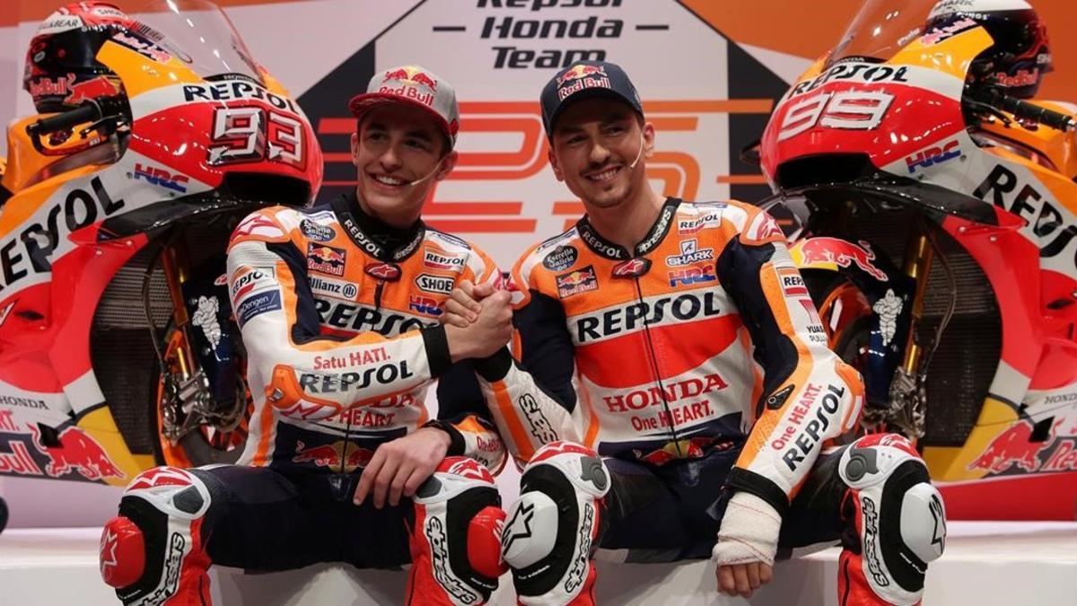 Marc Márquez y Jorge Lorenzo, el día de la presentación del flamante equipo Repsol-Honda.