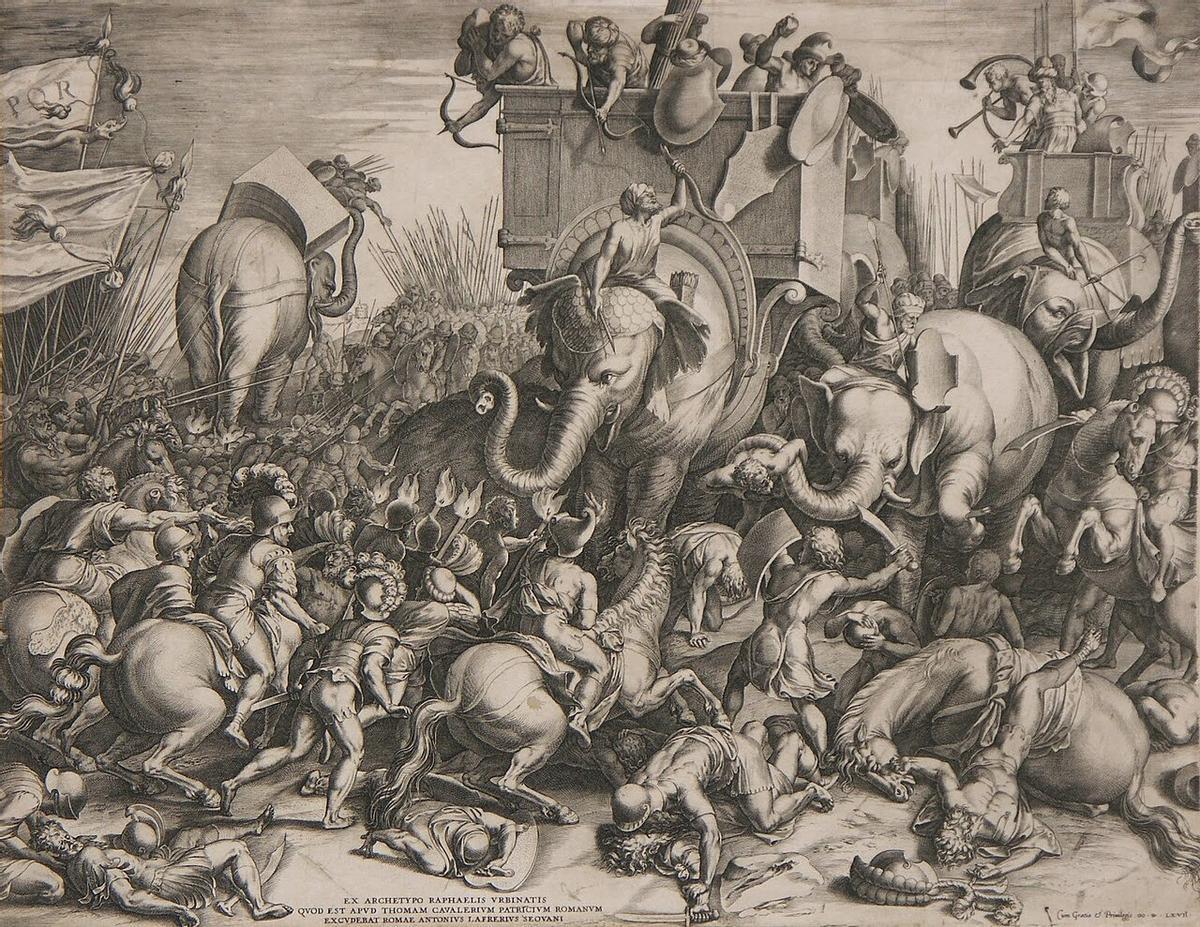 La batalla de Zama, ilustración de Cornelis Cort (1567). La Batalla de Zama (202 a.C.), en el norte de África, donde Aníbal fue derrotado, marcó el fin de la Segunda Guerra Púnica.
