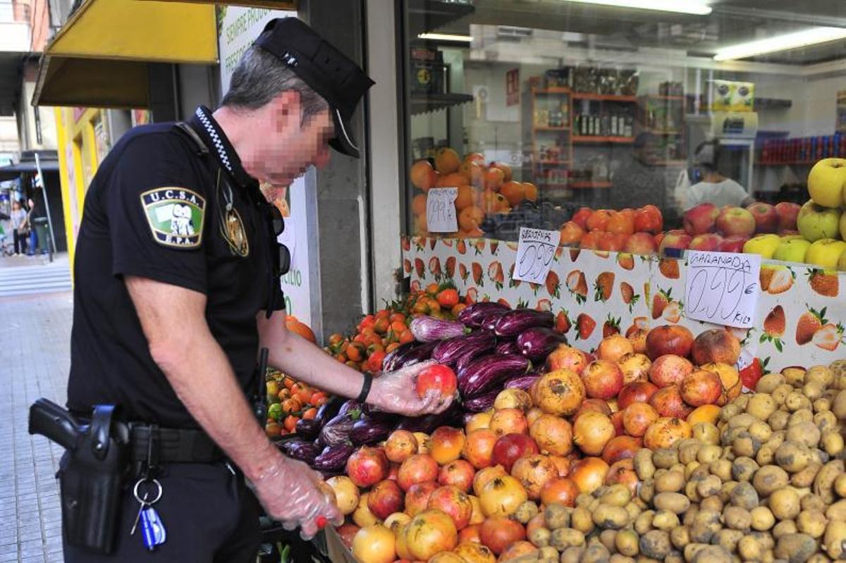 Otro efectivo de la Policía Local supervisando en una frutería la granada mollar. | MATÍAS SEGARRA