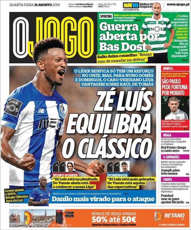 Portada de O Jogo, del miércoles, 21 de agosto de 2019