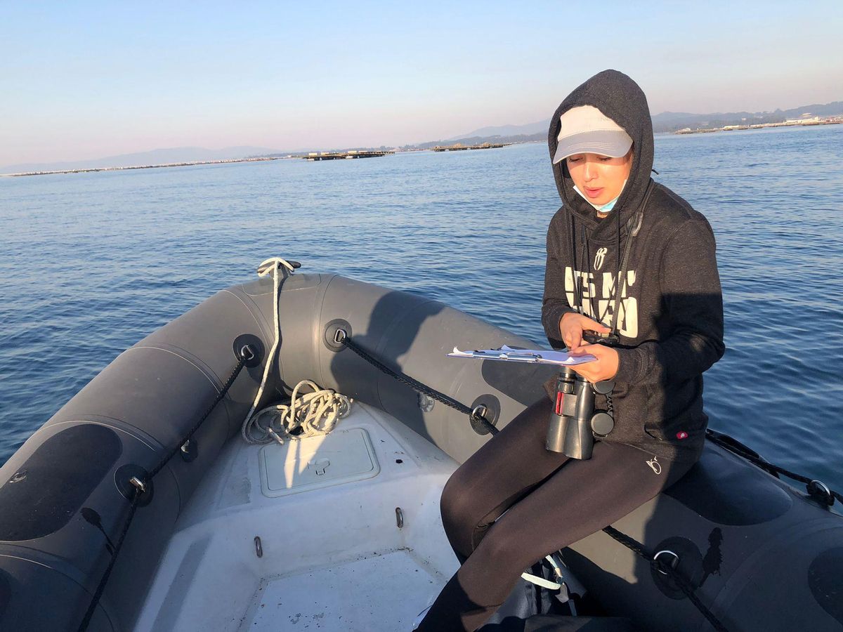 Una de las jóvenes estudiantes del BDRI que hacen un seguimiento de los delfines en Arousa.