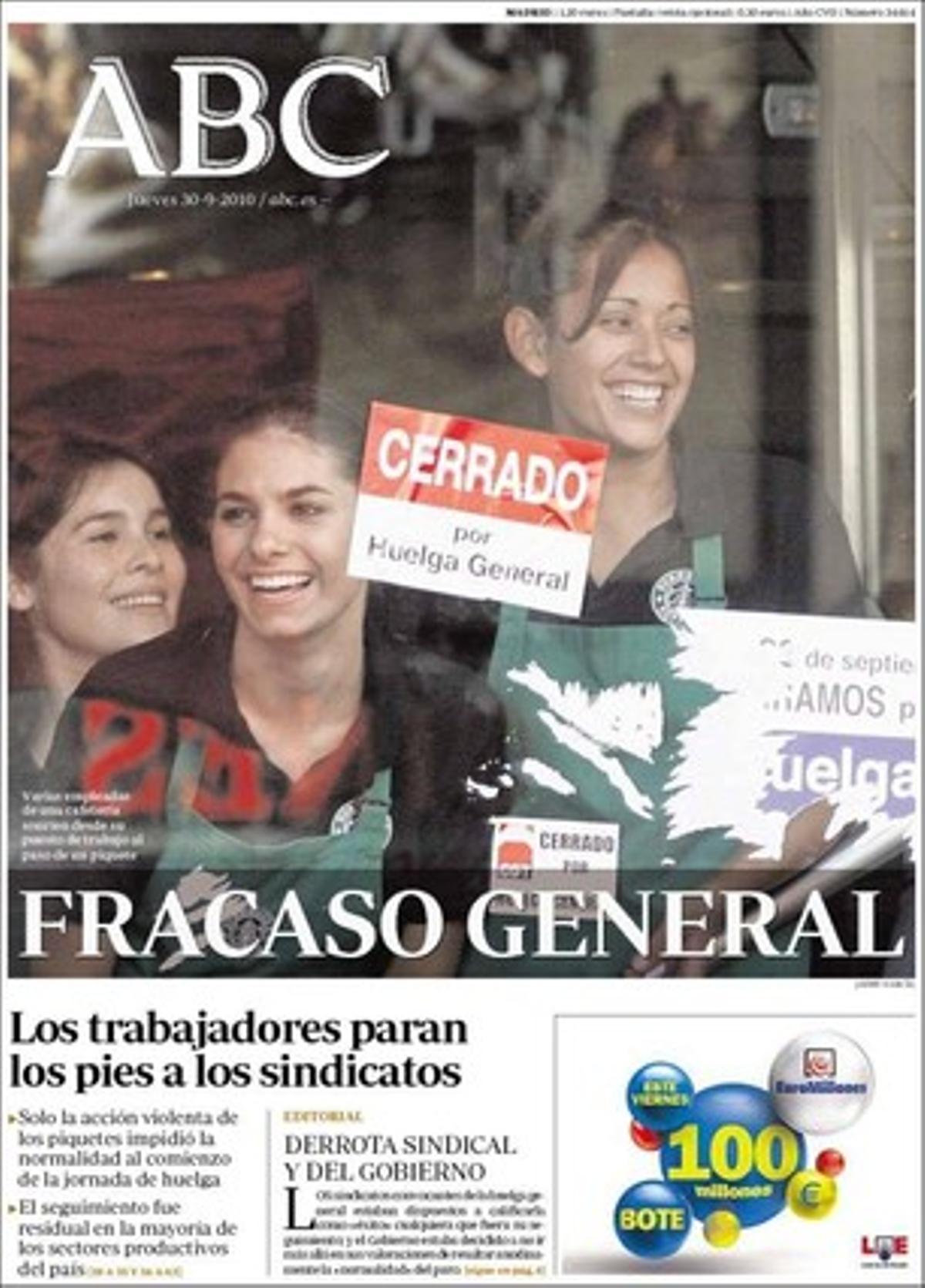 ’Abc’ destina 17 pàgines a explicar el 29-S espanyol i 4 més al català. També destaca que l’amenaça de fuga de la ministra Cristina Garmendia ha esmorteït la tisorada en la inversió dels pressupostos generals de l’Estat en R+D per al 2011.