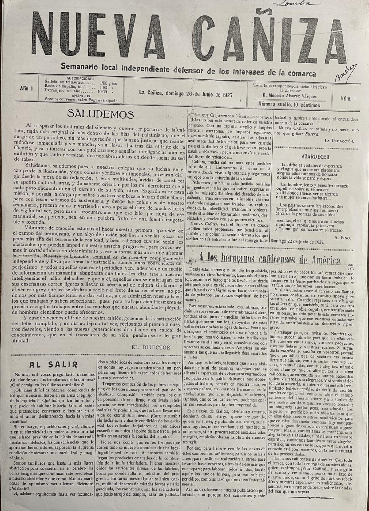 Primeiro exemplar do semanario «Nueva Cañiza», publicado o 26 de xuño de 1926. | // FDV