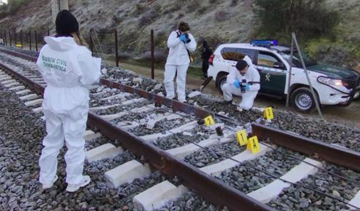 Expertos de la Guardia Civil analizan las vías tras el accidente ferroviario ocurrido en Adamuz.