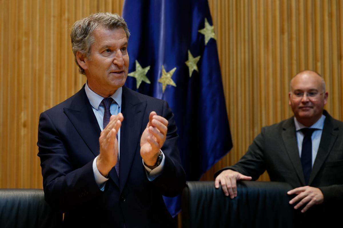 El presidente del PP, Alberto Núñez Feijóo, junto al secretario general del partido, Miguel Tellado, este martes en el Congreso.