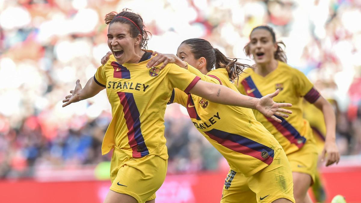 Mariona celebra un gol con el Barcelona.