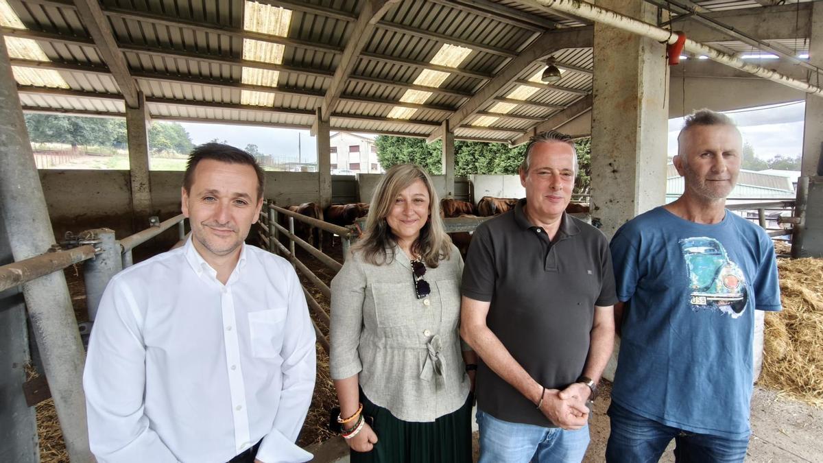 Por la izquierda, el concejal de Medio Rural de Llanera, David del Pozo, la directora general de Ganadería, Rocío Huerta, el consejero de Medio Rural, Marcelino Marcos, y el presidente  de ASEAVA, Amable Fernández en las instalaciones de Llanera.