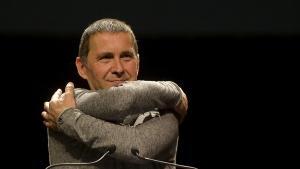 Basque pro-independence leader Arnaldo Otegi hugs himself during a meeting following his release from prison on Monday, in the Basque city of San Sebastian, March 5, 2016. REUTERS/Vincent West      TPX IMAGES OF THE DAY