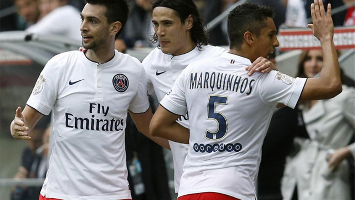 Marquinhos, en la imagen con Pastore y Cavani en un momento del Niza-PSG del pasado sábado, es optimista de cara al partido de vuelta entre su equipo y el FC Barcelona en el Camp Nou