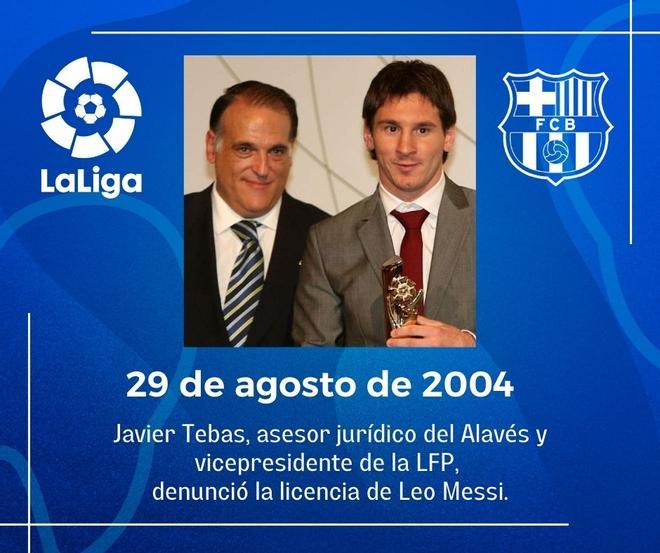 Messi no pudo debutar esta fecha en la primera jornada de LaLiga 2004-05 contra el Racing. Según Tebas, el FC Barcelona había cometido irregularidades para poder inscribir al canterano argentino.