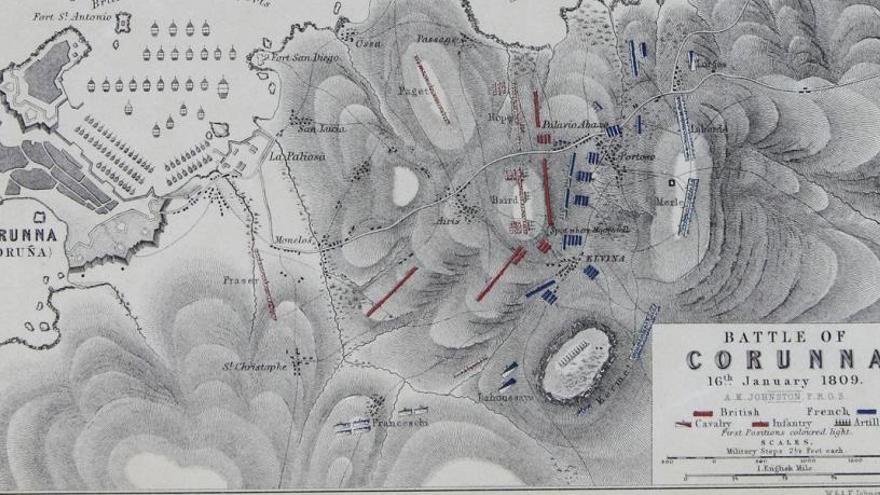 Mapa de las posiciones británicas y francesas durante la Batalla de Elviña en 1809.