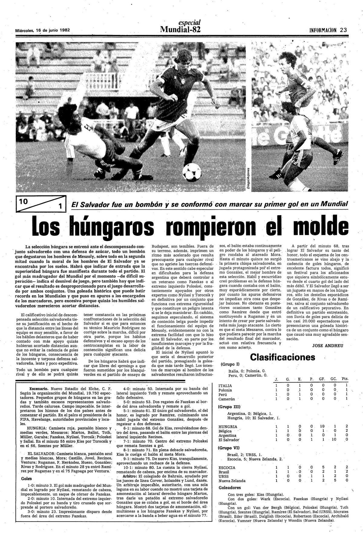 La crónica en INFORMACIÓN del 10-1 de Hungría a El Salvador en el entonces Nuevo Estadio del Elche CF.