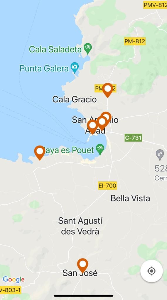 Algunos de los puntos de carga que no funcionan al oeste de la isla, según la app Melib