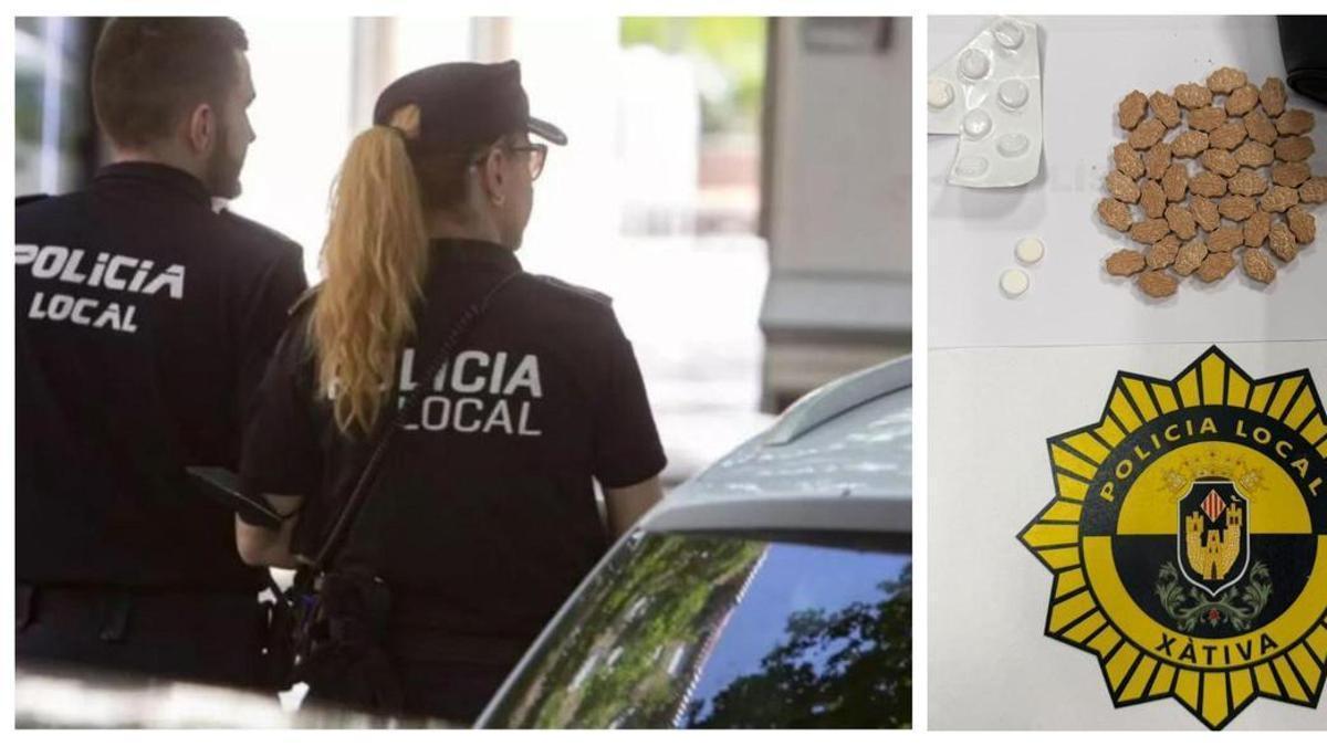 A la izquierda, imangen de archivo dos policiales locales de Xàtiva. A la derecha, las pastillas intervenidas.