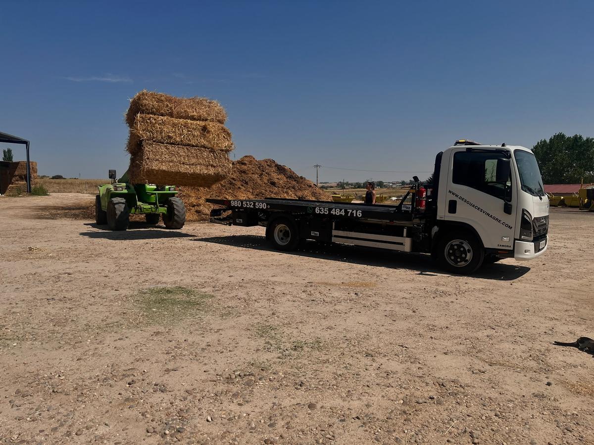 El camión de Desguaces Vinagre carga las alpacas que entregó en Muga el pasado sábado