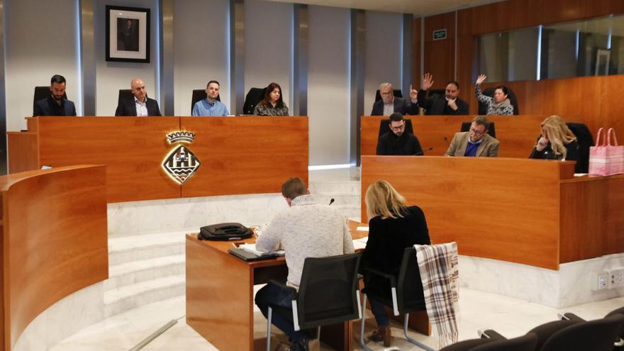 El presidente, Vicent Marí, entre Javier Torres y Mariano Juan, y abajo, de espaldas, la interventora, durante un pleno. | J.A.RIERA