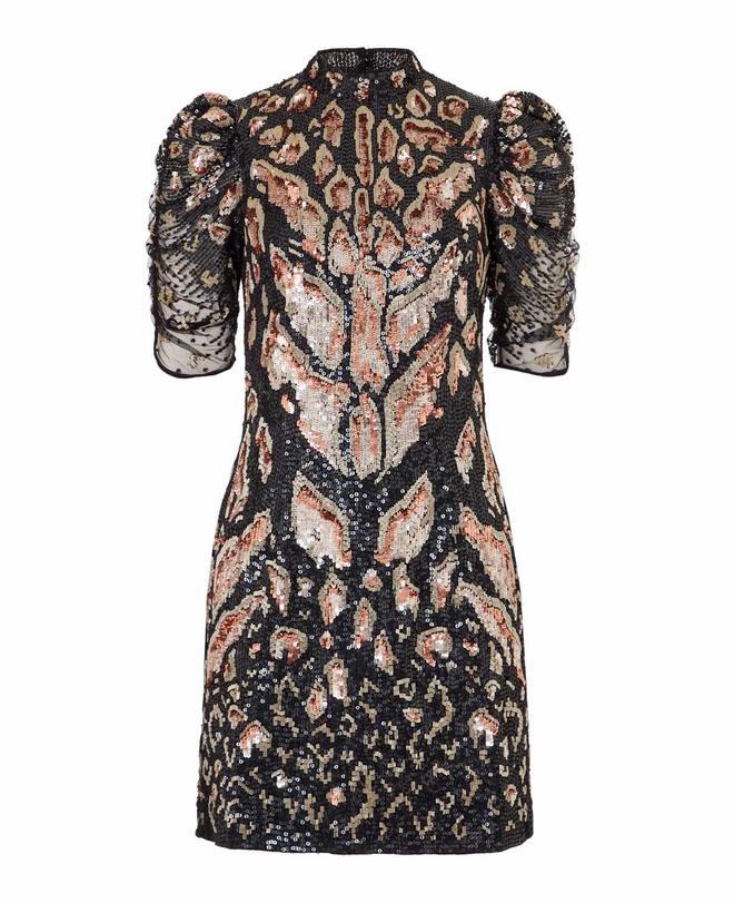 Vestido mini de lentejuelas con print de leopardo y mangas abullonadas con tul, de Temperley London