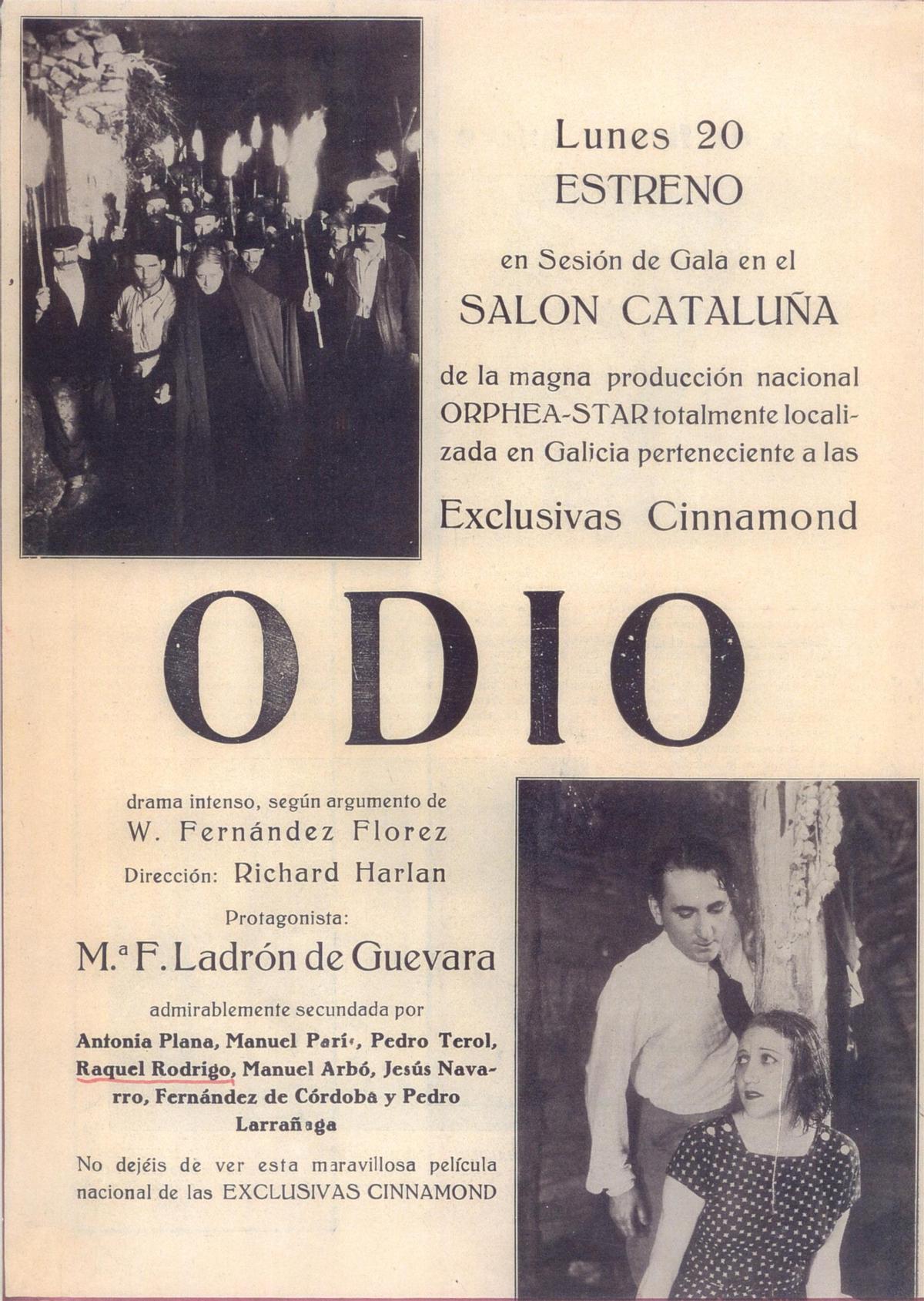 Estreno de la película «Odio», en el Salón Cataluña de Barcelona, 20 agosto 1934.