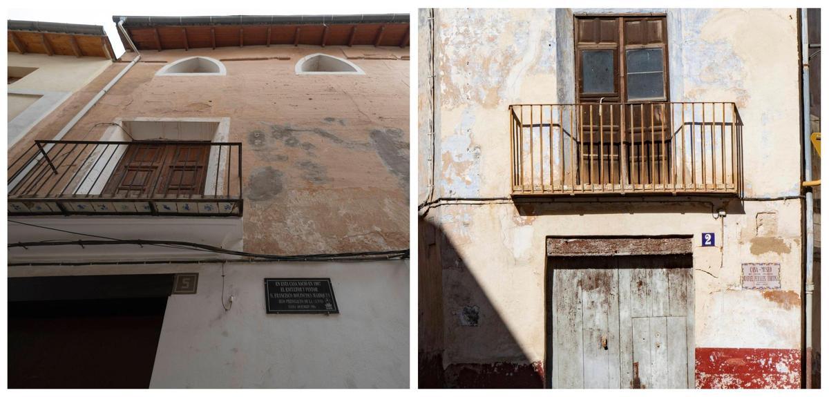 A la izquierda, la casa natalicia del escultor Bolinches, actualmente okupada. A la derecha, la casa del pintor Perales, en mal estado.