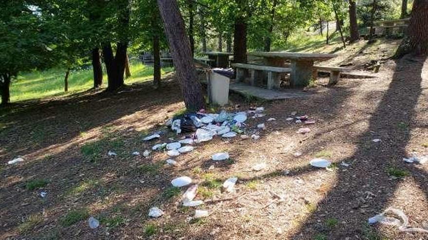 Basura esparcida en el merendero de Monte Siradella. // FdV