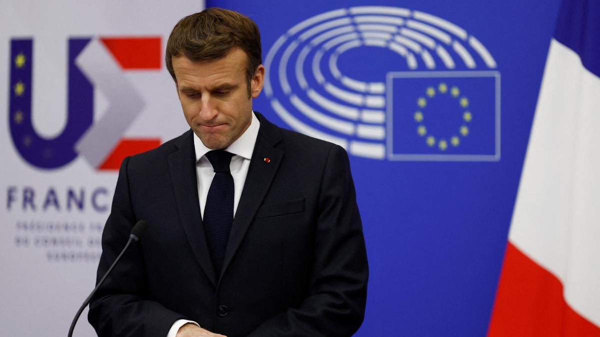 French President Macron gives a news conference at the EU parliament in Strasbourg