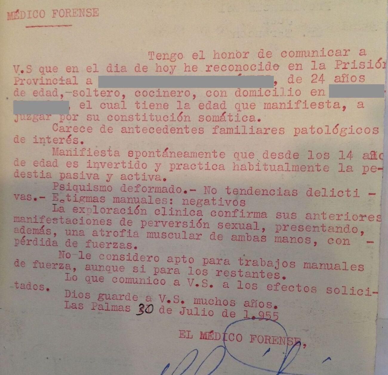 Padece "una artofria muscular de ambas manos, con pérdida de fuerza", escribe otro médico sobre un reo homosexual de Tefía, de 24 años, hecho que califica de "perversión sexual".jpeg