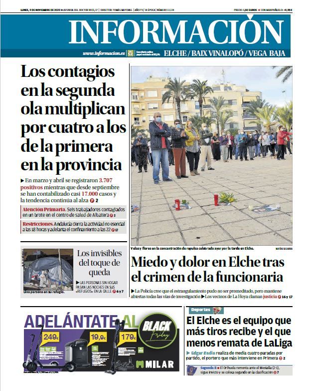 Portada de INFORMACIÓN de la edición Elche/Vega Baja del 9 de noviembre de 2020.