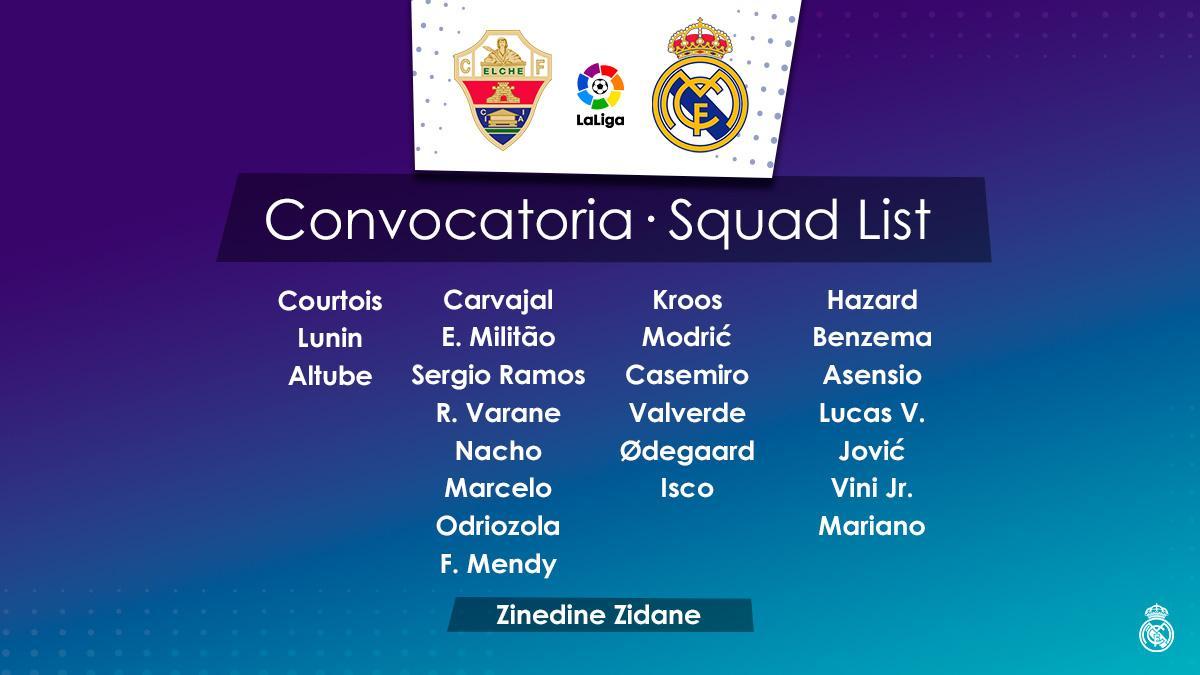 Convocatoria inicial del Real Madrid para el partido de Elche, en la que estaba incluido Isco.