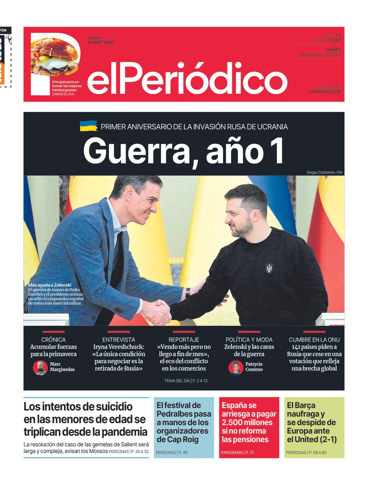 La portada d’EL PERIÓDICO del 24 de febrer del 2023