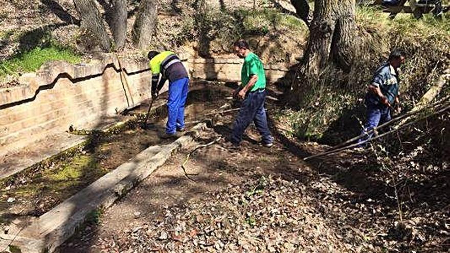 Algunos de los voluntarios trabajan en la limpieza de una de las fuentes.