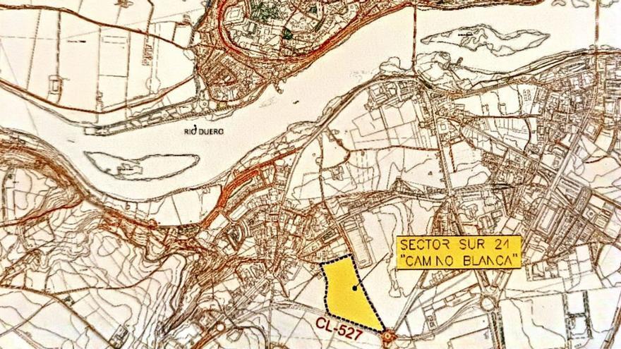 En amarillo, la zona de San Frontis afectada por el plan parcial Camino Blanca. | Cedida