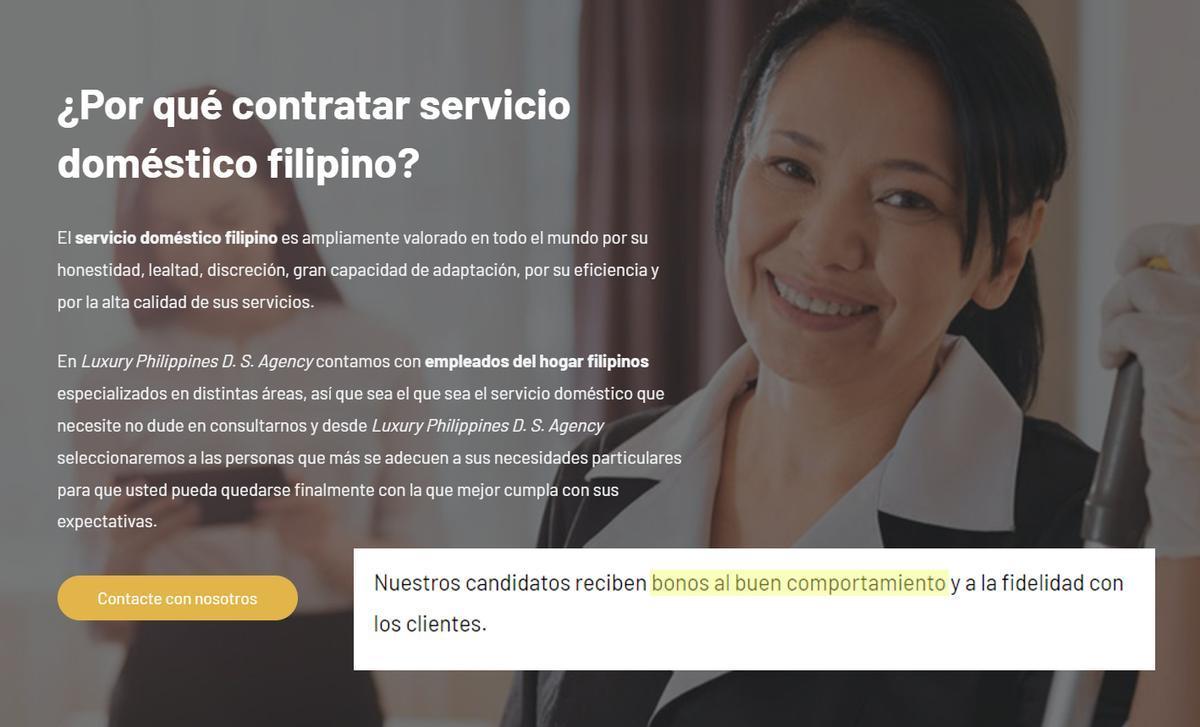 Descripción de Luxury Philippines Domestic Services sobre sus empleados filipinos en dos textos de su web.