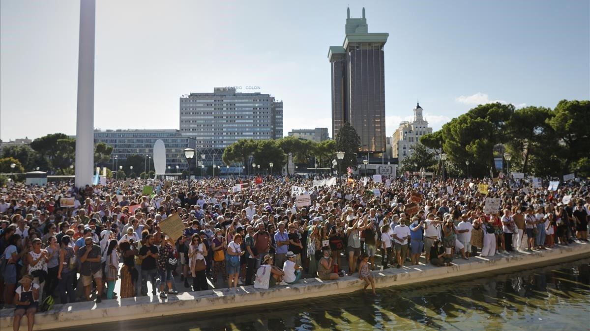 Manifestación contra el uso obligatorio de mascarillas en la plaza de Colón de Madrid, el pasado 16 de agosto