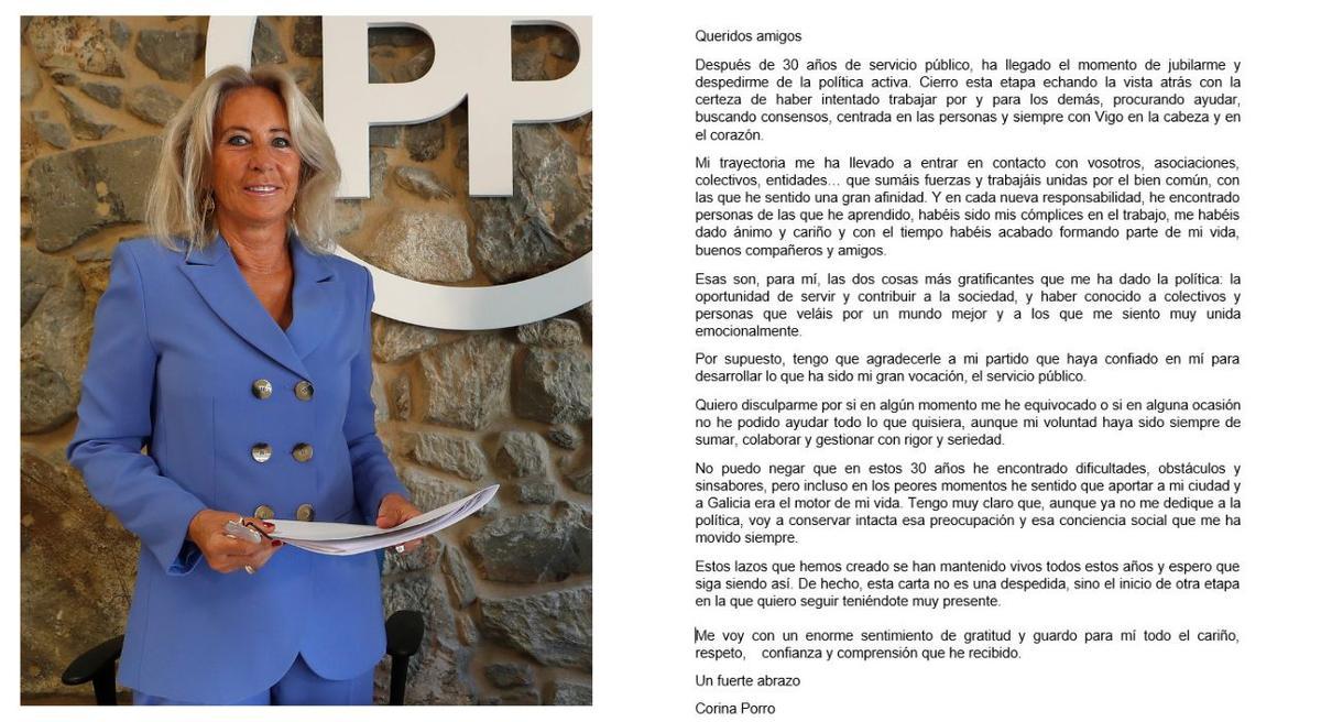 Carta de despedida de la política activa que Corina Porro ha dirigido a compañeros y militantes del Partido Popular.