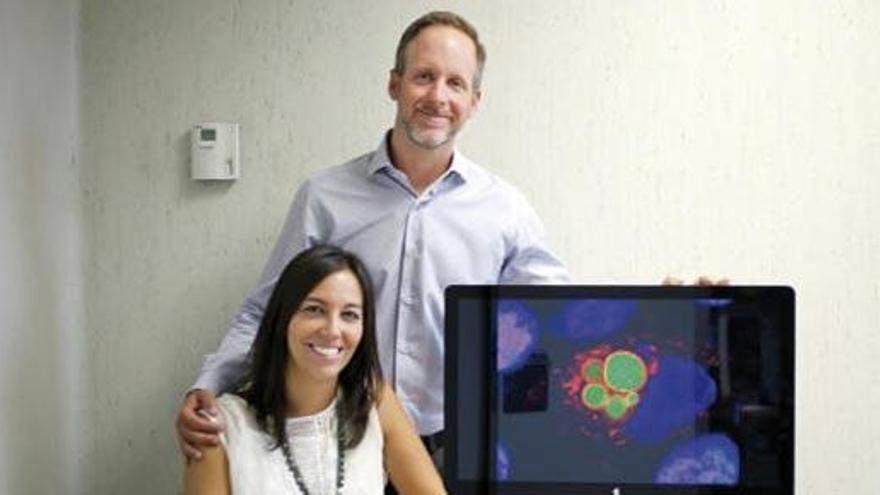 La genetista Miranda muestra la fluorescencia de las células, junto al investigador Bruno Sainz