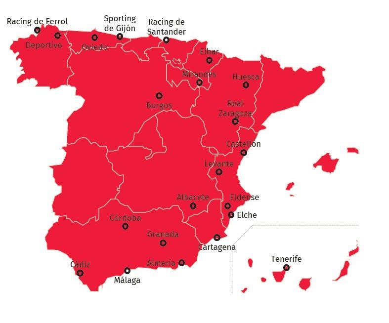 Mapa de España con la ubicación geográfica de los equipos de LaLiga Hypermotion de Segunda División para la temporada 2024-2025