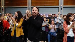 El candidato de Unidas Podemos, Pablo Iglesias, en un acto en Zaragoza