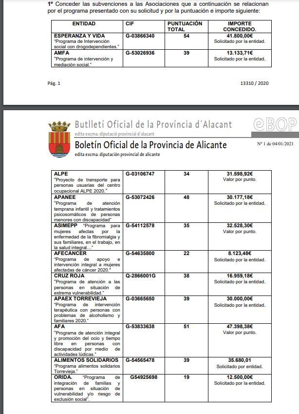 Imagen del listado de adjudicaciones a entidades sin ánimo de lucro