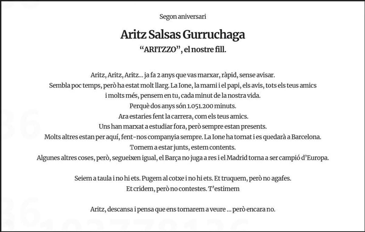 L'escrit publicat pel segon aniversari de la mort d'Aritz Salsas
