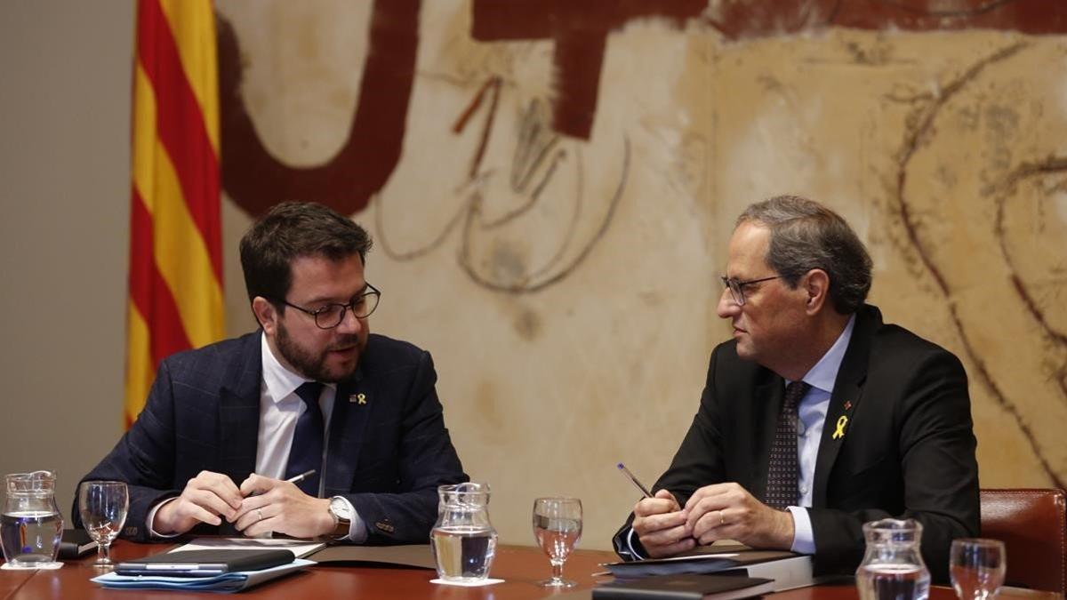 Pere Aragonès y Quim Torra, en la reunión del Consell Executiu de este martes.