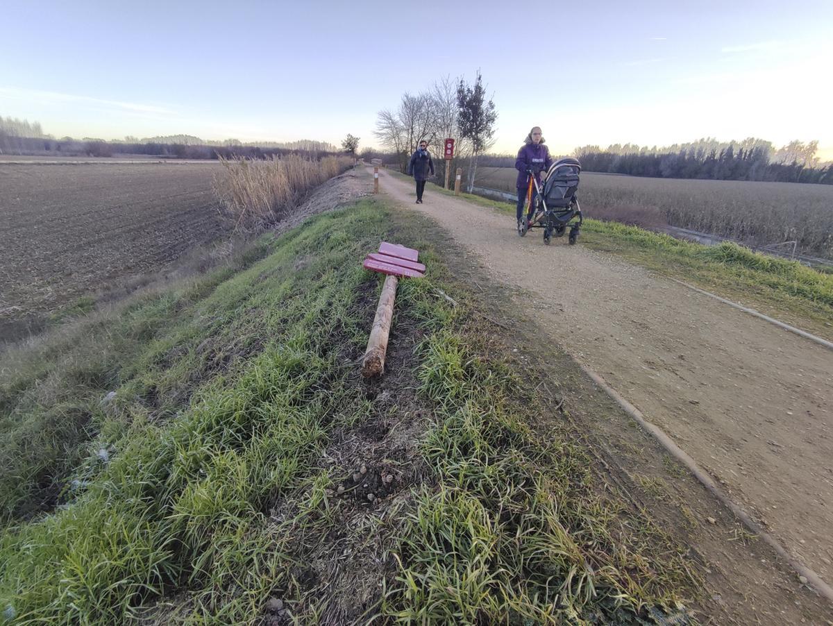 Un poste de señalización derribado en la Vía Verde, entre Villanueva y Benavente.