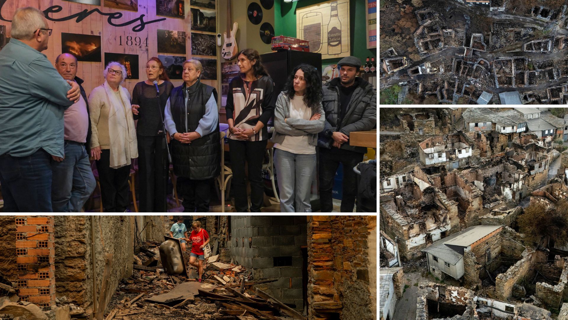 Vecinos de San Vicente (Vilamartín), este jueves en Ourense, para recoger el premio 'Millo'. En las otras imágenes, la destrucción que causó el fuego.
