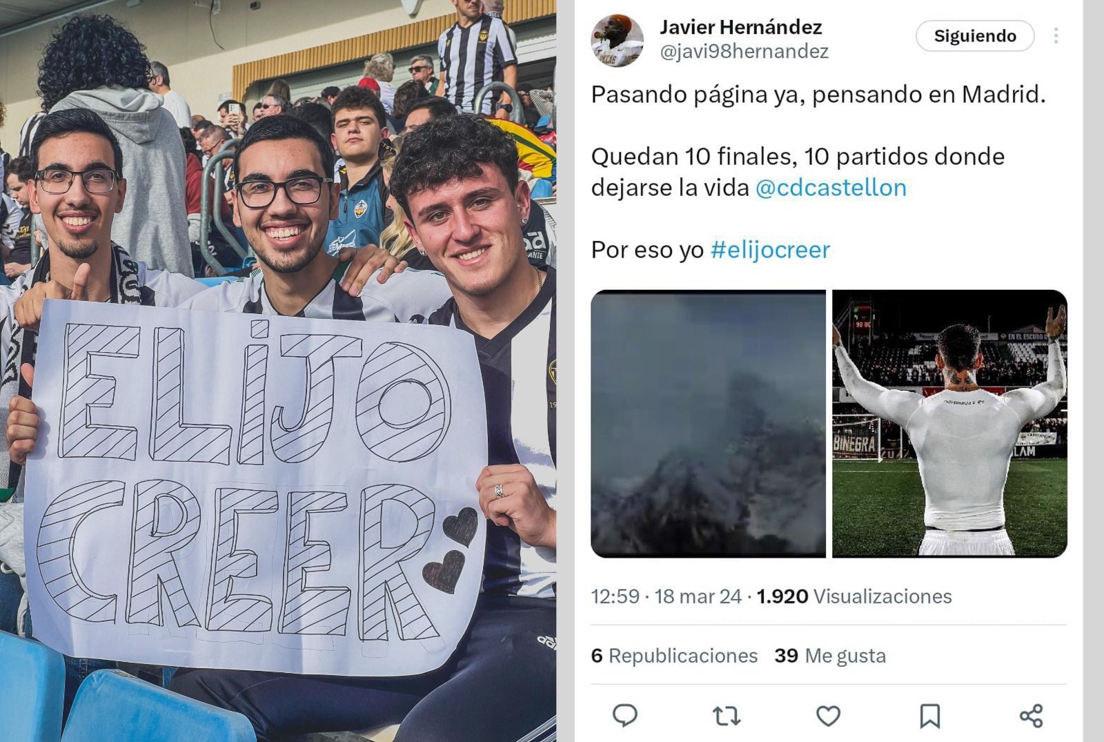 Tres aficionados albinegros posan con una pancarta en el desplazamiento a Madrid. A la derecha, el tuit original.