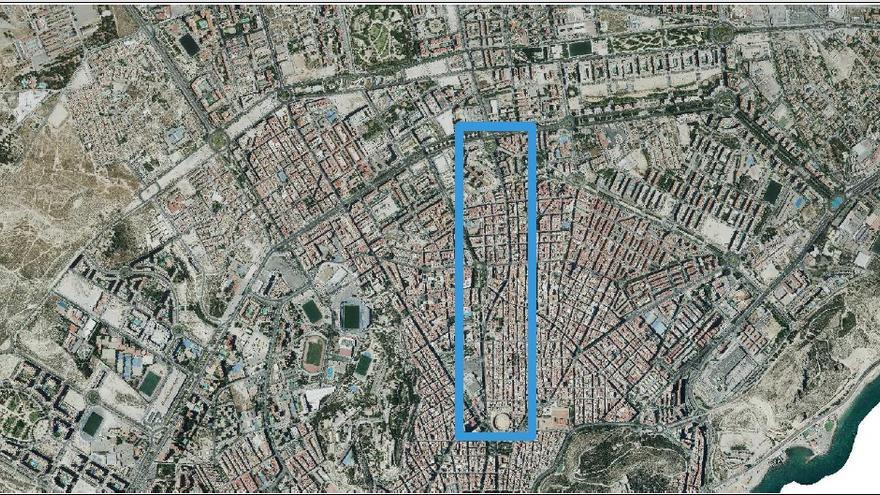 Plano de la ciudad con la Avenida de Jijona señalizada en azul