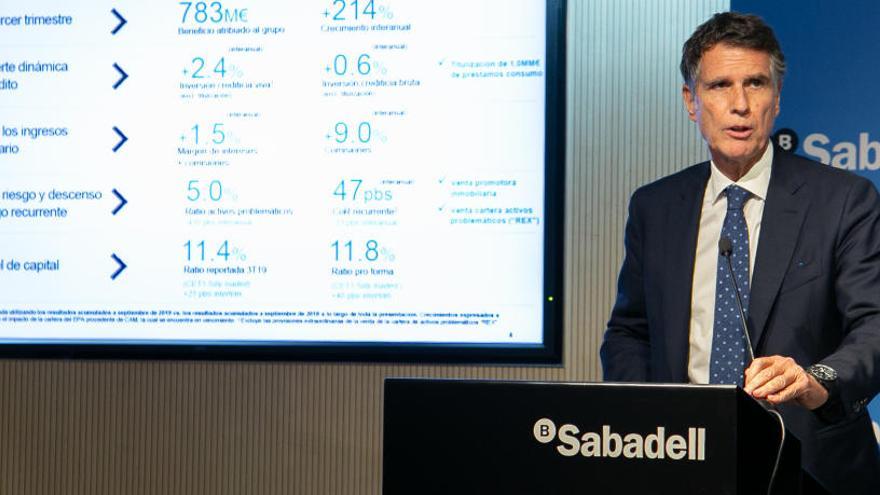 El consejero delegado del Banco Sabadell, Jaume Guardiola, ayer en la presentación de resultados de la entidad.