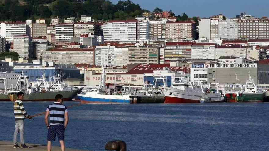 Parte de la flota de capital vigués que faena en Malvinas, amarrada en el puerto. // José Lores